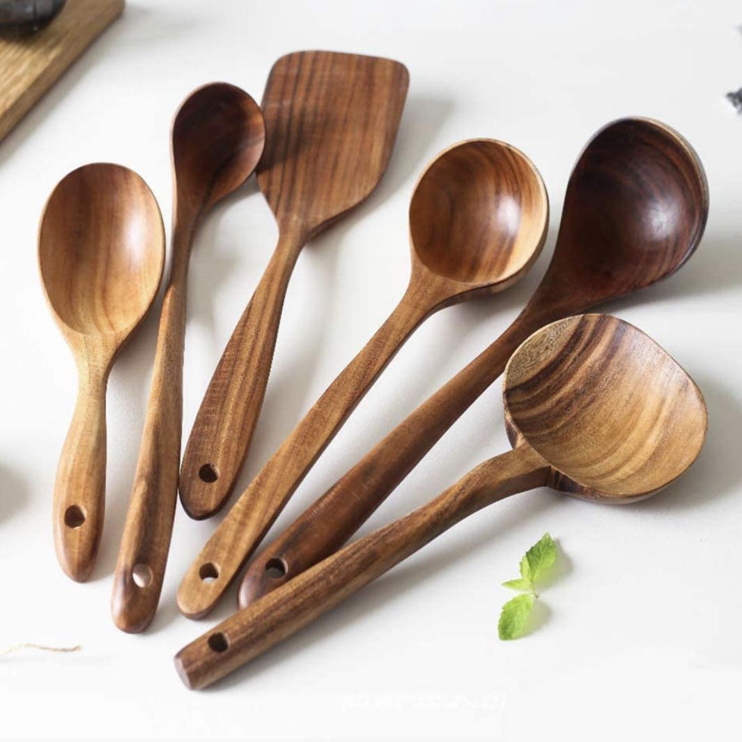 6 Pcs Wooden Cooking Spoons, Spatula and Ladle Set, Including Turner Serving Spoon Mixing Ladle Spoon Cooking Spoon Soup Ladle Rice Spoon