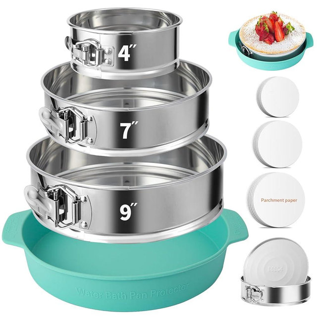 OYAOL 4, 7, 9 Inches Springform Pan Set - 304 Stainless Steel Nonstick Leakproof Springform Cake Pan Set with Removable Bottom, 10 Inch Silicone Cheesecake Pan Protector with 60 Pcs Parchment Paper