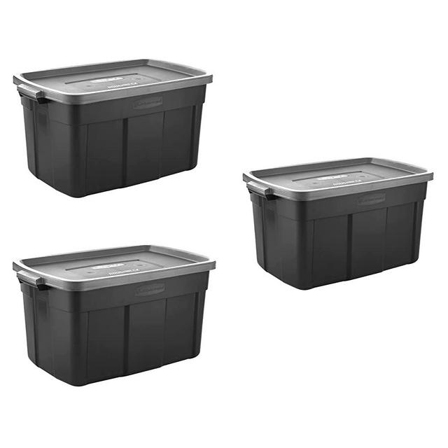 Rubbermaid Roughneck️ 31 Gallon Storage Totes, Pack of 3, Durable Stackable Storage Containers with Lids, Nestable Plastic Storage Bins for Bulky Items, Fathers Day Gifts, Black and Grey
