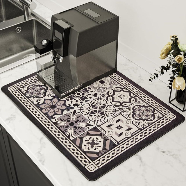 Lilithmanor Coffee Mat, Boho Style Dish Drying Mat, Fast Water Absorption, Hide Stains, Easy to Clean, Fit Coffee Bar Accessories, Bar Mats for Countertop (12"x16", Black)