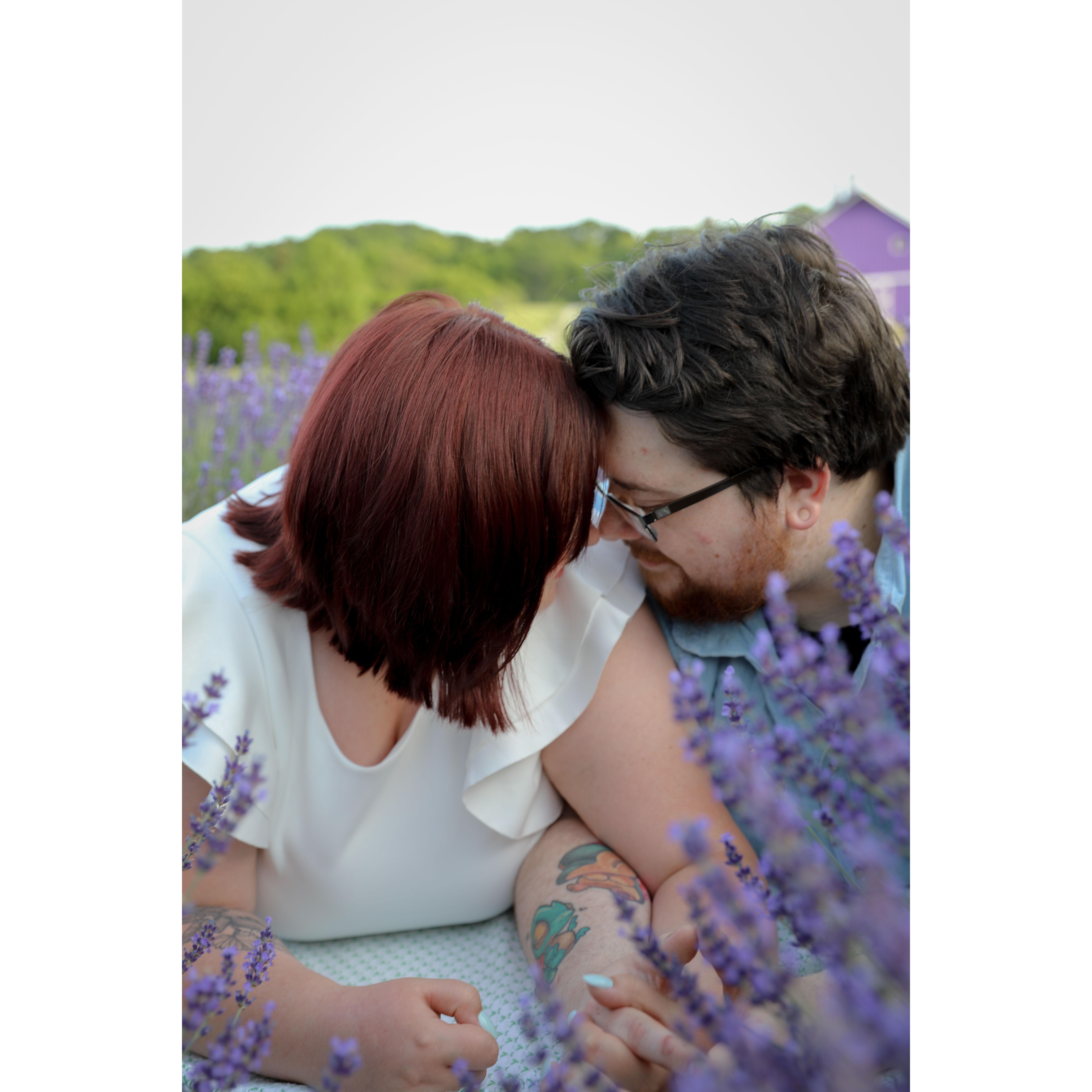 Engagement photoshoot at Sunset Ridge Lavender Farms. Photographer was Bloom Photography, LLC