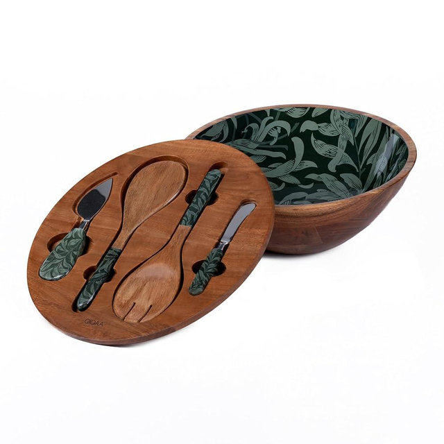 Beautiful Salad Wood Bowl with Herringbone Inlay Lid, Salad Servers, and Cheese Knives Salad Bowls with Lids Wooden salad bowl with serving utensils |Designed in USA Handmade in India12x12x4.75"(Dark)