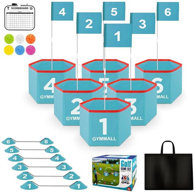 GYMMALL Golf Bucket Yard Game, Backyard Golf Set for Kids, Adults and Family, Outdoor and Indoor Portable 6 Holes Golf Course with Balls, Flags and Carry Bag for Lawn, Park, Beach and Hotel - Blue