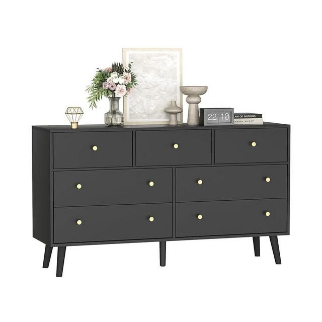 SINROM 55" Black Dresser, 7 Drawer Dresser for Bedroom with Wide Drawers and Gold Knobs, Wood Dressers & Chests of Drawers