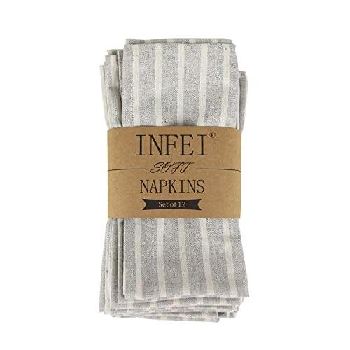 INFEI Soft Broad Striped Linen Cotton Dinner Cloth Napkins - Set of 12 (17 x 17 inches) - for Events & Home Use (Grey)