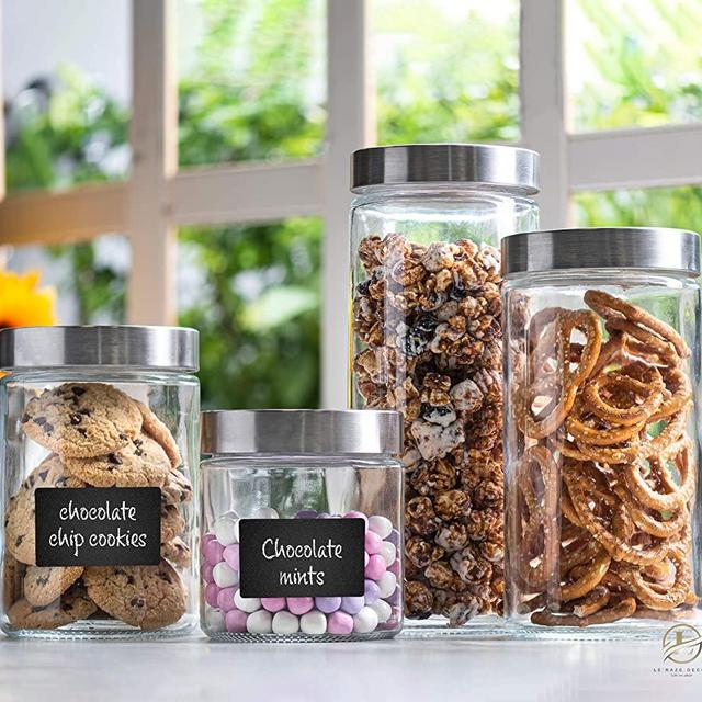 4pc Canister Sets for Kitchen Counter or Bathroom + Labels & Marker, Glass Cookie Jars with Airtight Lids - Food Storage Containers with Lids Airtight for Pantry - Flour, Sugar, Coffee, Cookies, etc.