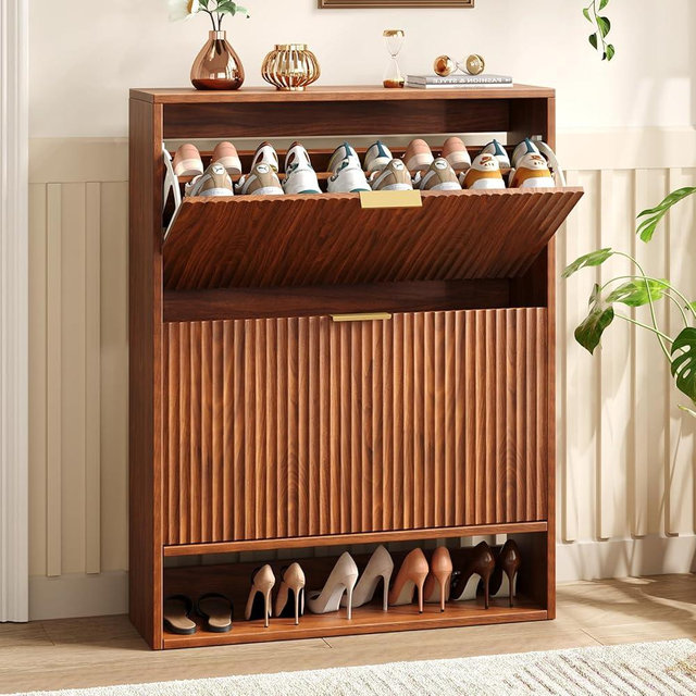 Hootata 31.5''W Walnut Shoe Storage Cabinet for Entryway with 2 Flip Drawers, Fluted Slim Shoe Cabinet, Free Standing Wooden Shoes Organizer for Foyer, Hallway