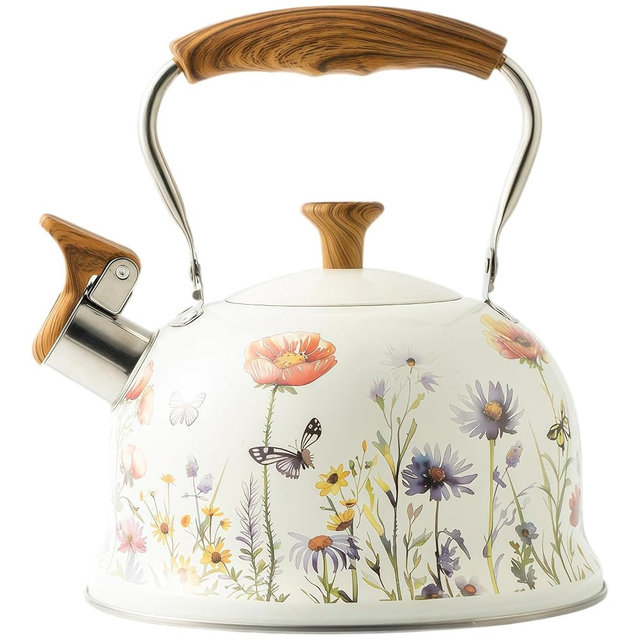 Beruyu Tea Kettle for Stove Top, 2.7 Quart Whistling Kettle with Floral Pattern for Boiling Water Coffee or Milk, Stainless Steel Tea Pots with Wood Pattern Folding Handle, Work for All Stovetops