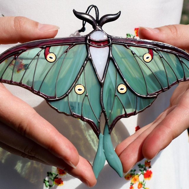 Luna moth butterfly suncatcher, stained glass window hangings, unique Christmas gift, gift for mom, handmade gift, modern home decor