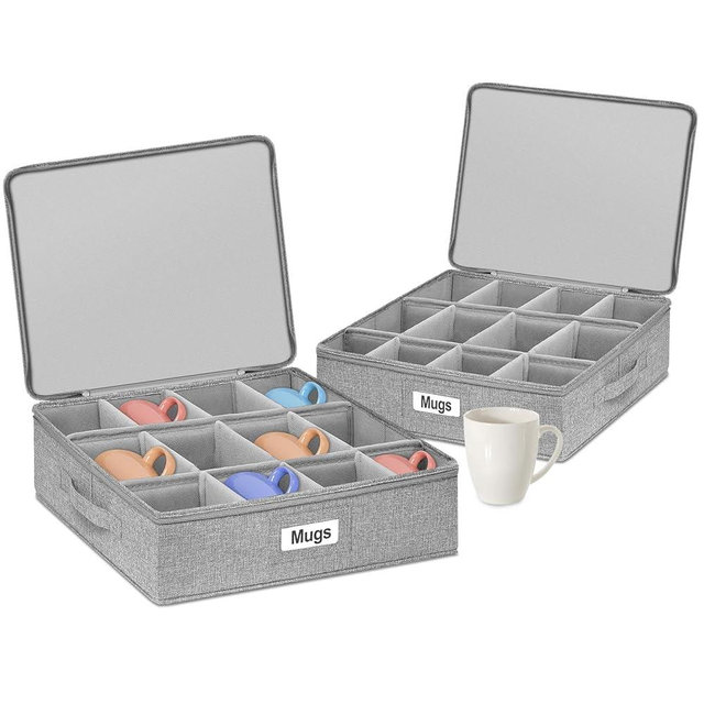 punemi Mug Storage Organizer with Rigid Top, Sides & Bottom, Padded Dividers, 2-Pack Stackable Coffee Mug Storage Boxes for Tea Cups, China Storage Containers for Packing & Moving