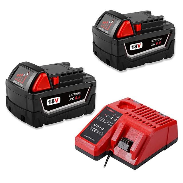 Upgraded 6.0Ah M18 Battery and Charger, Replacement for Milwaukee 18V Lithium XC Battery Combo Kit 48-11-1820 48-11-1850 + M12 & M18 Battery Rapid Charger Set