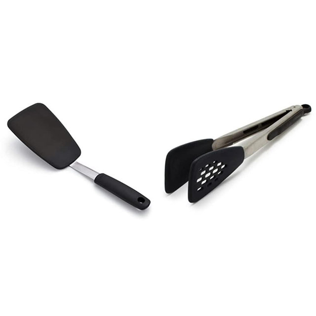 OXO Good Grips Large Silicone Flexible Turner, Stainless Steel & Good Grips Silicone Flexible Tongs Stainless,Black,