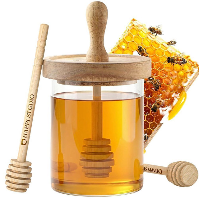 HAPPI STUDIO Airtight Honey Pot with Dipper - Borosilicate Glass Honey Jar with Dipper - Glass Honey Dispenser No Drip - Honey Container with Dipper - Honey Holder - 13.5 OZ