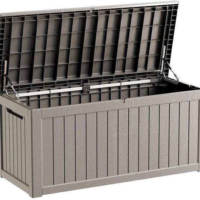 TARKARI 270 Gallon Lockable Resin Deck Box, Waterproof & UV-Resistant Outdoor Storage Box for Outdoor Cushion Storage, Garden Tools & Pool Accessories Storage, Gray