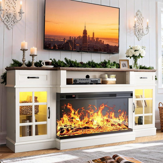 MXV 70" Fireplace TV Stand, 3-Sided Glass Fireplace and Modern Entertainment Center, Wooden Media Console with Glass Doors & Storage Drawers, LED Light, for Living Room, White