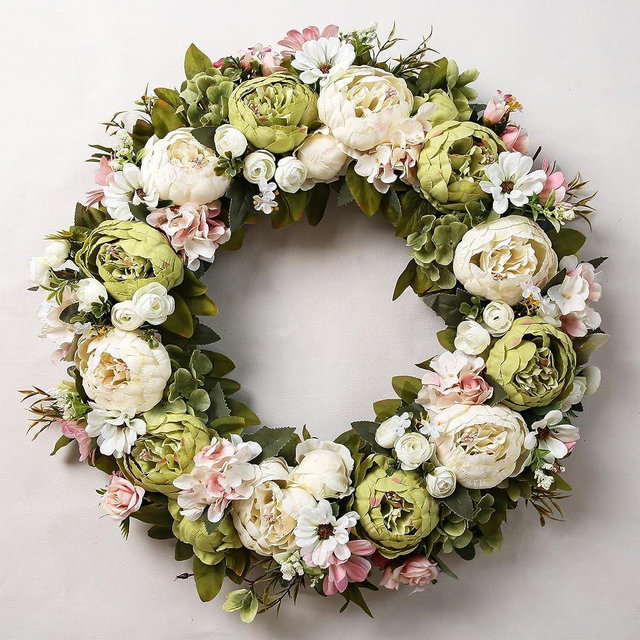 Peony Wreath 23'' Spring Wreaths for Front Door, Artificial Large Floral Wreath for Front Door Wall Decor, Valentine’s Day Home Wedding Housewarming Gift EZsenses (Green)
