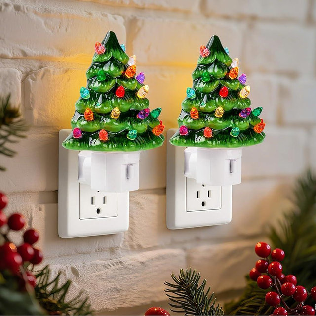 Brightown Ceramic Christmas Tree Night Light - 2 Pack 5.2" Christmas Decorative Ceramic Tree with ON/Off Switch, Vintage Christmas Night Light for Bedroom Bathroom Living Room Porch Holiday Decor