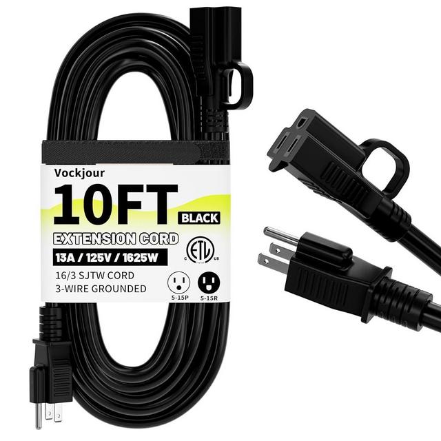 16/3 Black Indoor Outdoor Extension Cord 10 Ft Waterproof, Heavy Duty Extension Cord with 3 Prong Grounded Plug,13A 1625W 16AWG SJTW, Flexible Weatherproof Power Cable for Offices, Gardens and Lawns