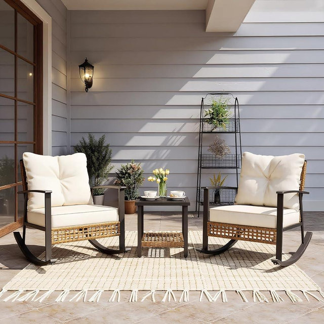LAUSAINT HOME 3 Piece Rocking Bistro Patio Set, Outdoor Bistro Sets Wicker Patio Furniture Rocking Chairs Sectional Couch and 2-Tier Coffee Table for Garden, Balcony, Backyard (Beige)