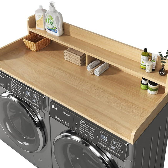 BigPonPon 2-Tier Washer and Dryer Countertop,2.75" H Guard,58" W x 28" D Laundry Countertop Cover with Non-Slip Pad,Large Space Laundry Topper for Folding Clothes Over Washer and Dryer-Pure Wood Color