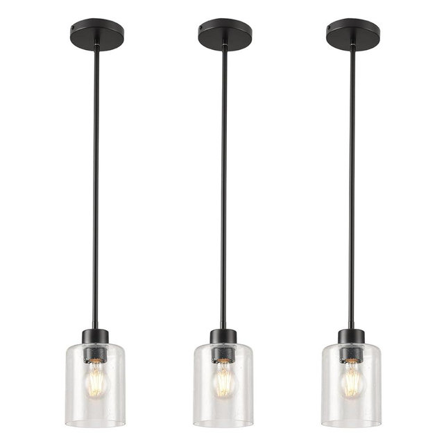 KLSS Black Pendant Lights Kitchen Island - Seeded Glass Pendant Light Fixture Multiple Stems Rods (3 Pack with Rod seeded Glass)