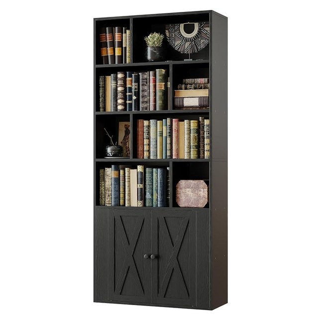 IRONCK Bookcase with Doors, Tall Bookshelf with Storage, Bookshelves and Bookcases with 8 Open Cubes for Living Room, Bedroom, Office
