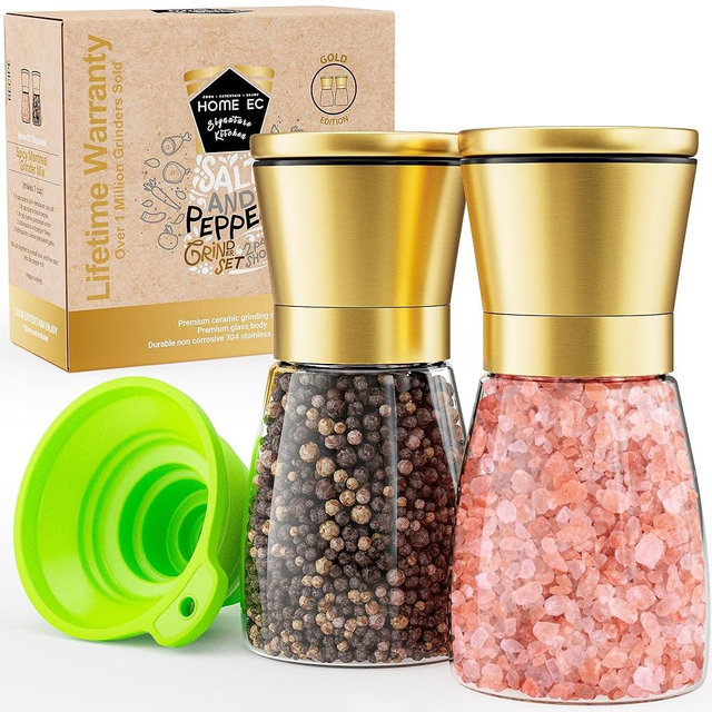 HOME EC Original Gold Salt and Pepper Grinder Set - Adjustable Gold Salt Grinder & Gold Pepper Grinder - Gold Salt and Pepper Shakers set - Gold Pepper Mill & Gold Salt Mill - Gold Kitchen Accessories