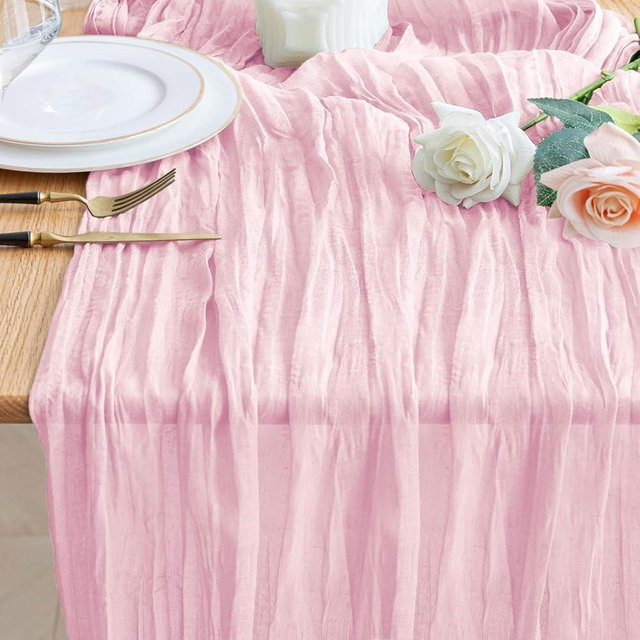 Wokceer Cheesecloth Table Runner 10FT Blushing Pink Boho Valentines Day Gauze Cheese Cloth Table Runner for Party Spring Easter Rustic Sheer Table Runners for Baby Bridal Shower Wedding Table