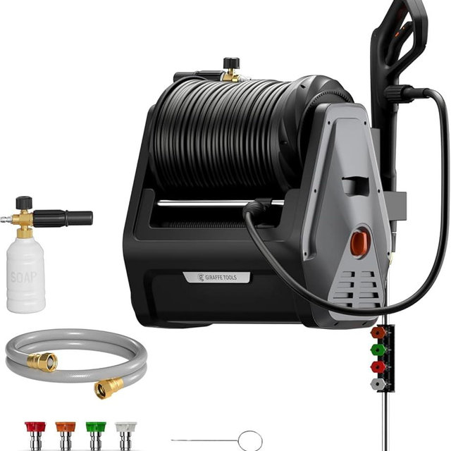 Giraffe Tools Grandfalls Pressure Washer G30B, Max 2900 PSI, 2.2 GPM, Electric Wall Mounted Pressure Washer with 100ft Black Pressure Hoses, Foam Cannon, 4-Nozzles for Car/Driveways, Dark Silver