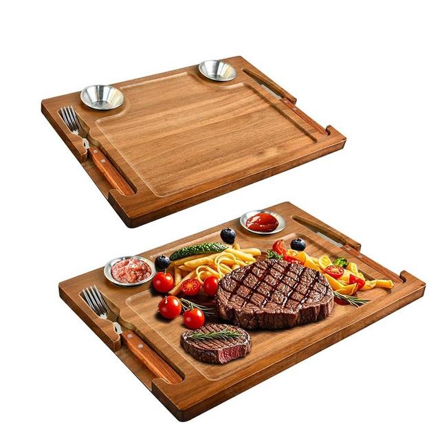 MAVOTER 2 PCS Acacia Wooden Steak Board - 15 Inches Steak Cutting Plate Board with Fork, Knife and Ramekins (2 set)