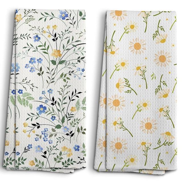 NOQL Floral Kitchen Towels, Floral Hand Towels, Farmhouse Decor, Blue Flowers Yellow Flowers Daisy Flowers Leaves Prints Decoration for Home, Cute Towels Gifts for Women, Set of 2, 16x24