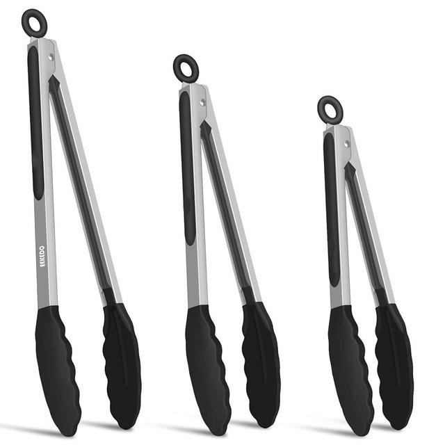 EEKEDO Kitchen Tongs, Stainless Steel Cooking Tongs with Silicone Tips, 600ºF High Heat-Resistant Non Scratch Locking Tongs for Cooking BBQ Grilling Air Fryer Pans, Set of 3 (7" 9" and 12") Black