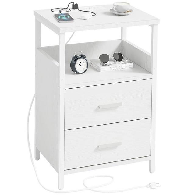 KHLJJU Nightstand with Charging Station, End Table Fabric-Wood 2-in-1 Drawer, Side for Small Spaces, White Bedside Tables USB Ports and Outlets Living Room, Bedroom, Office, KHL-BC-Bai-A