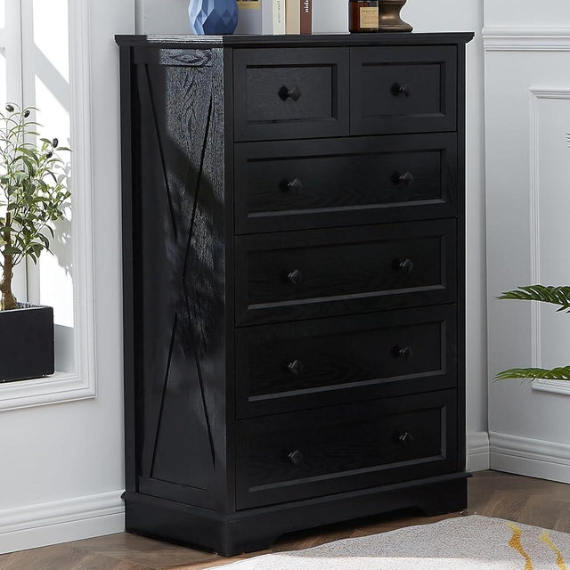 NONGSHIM Farmhouse 6 Drawer Dresser, Dressers Chest of Drawer for Bedroom Organizer Storage, 48 Inch Tall Dresser, Wood Dressers Storage Cabinet for Living Room, Entryway, Hallway, Kids Room, Black