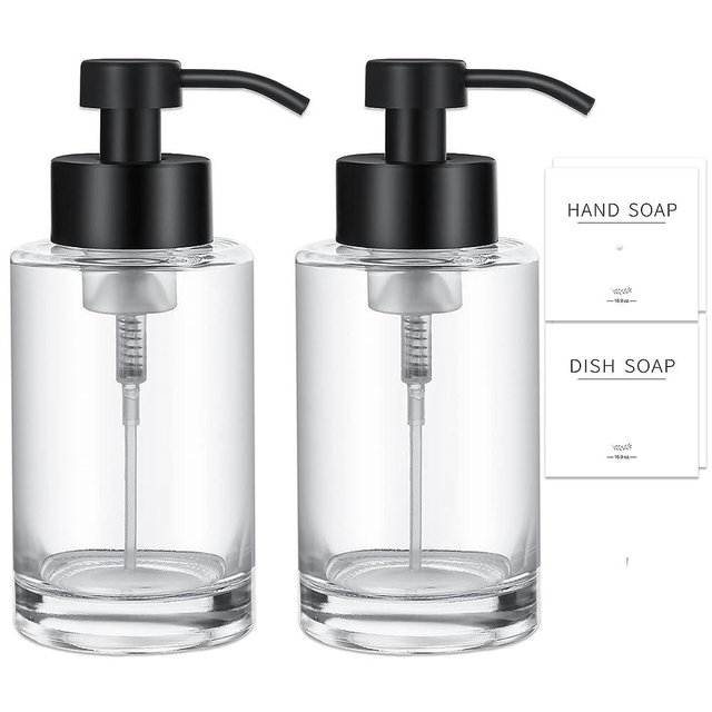 Foaming Soap Dispenser Set, 17 Oz Clear Glass Hand Soap Dispenser with Matte Black 304 Rust Proof Stainless Steel Pump, Waterproof Labels, for Bathroom Decor Kitchen College Dorm, 2 Pack