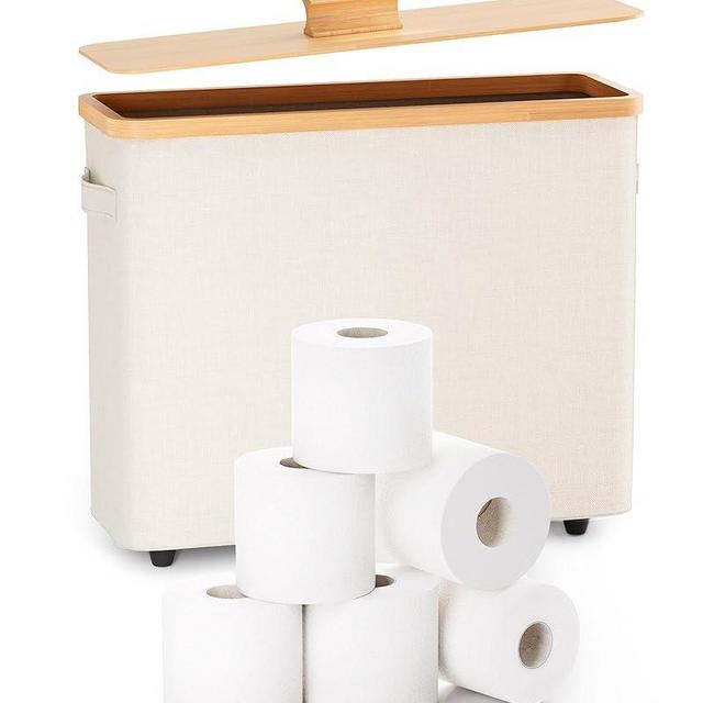 Bulado Toilet Paper Storage Stand, Toilet Paper Basket with Lid for 12-Roll Standard Toilet Paper Holder, Wood Toilet Paper Organizer for Bathroom with Footbase Ultimate Bathroom Organizer (Beige)