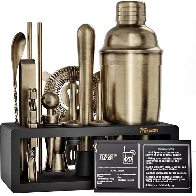 Brushed Brass Mixology Kit - 15 Piece Bar Tool Set, Silver Bar Set Cocktail Shaker Set for Drink Mixing - Includes Martini Shaker, Jigger, Strainer, Bar Mixer Spoon, Tongs, Opener | Gift Idea