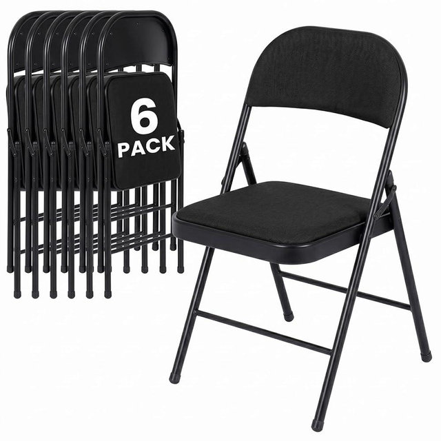 LING RONG 6 Pack Folding Chairs, Fabric Dining Chair Set with Padded Cushion and Back, Indoor Outdoor Seat for Home Office, Parties, Events, Wedding, Extra Guest Seating, Obsidian Black