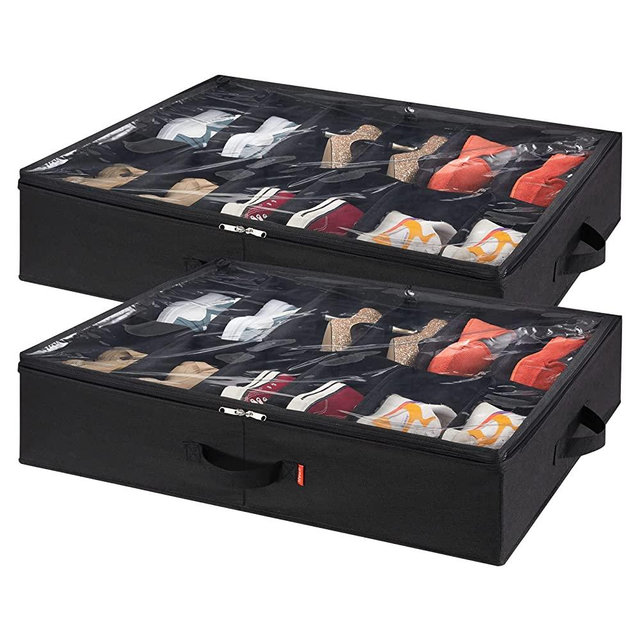 Lifewit Under Bed Shoe Storage Organizer Set of 2, Foldable Fabric Shoes Container Box with Clear Cover See Through Window Storage Bag with 2 Handles Total Fits 24 Pairs of Shoes, Black