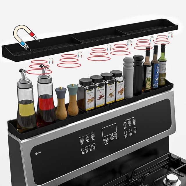Weiwavivi 30 Inch Silicone Stove Top Shelf Magnetic for Kitchen, Strong Magnetic Heat Resistant Spice Rack Organizer for Over Stove Oven - (Black)