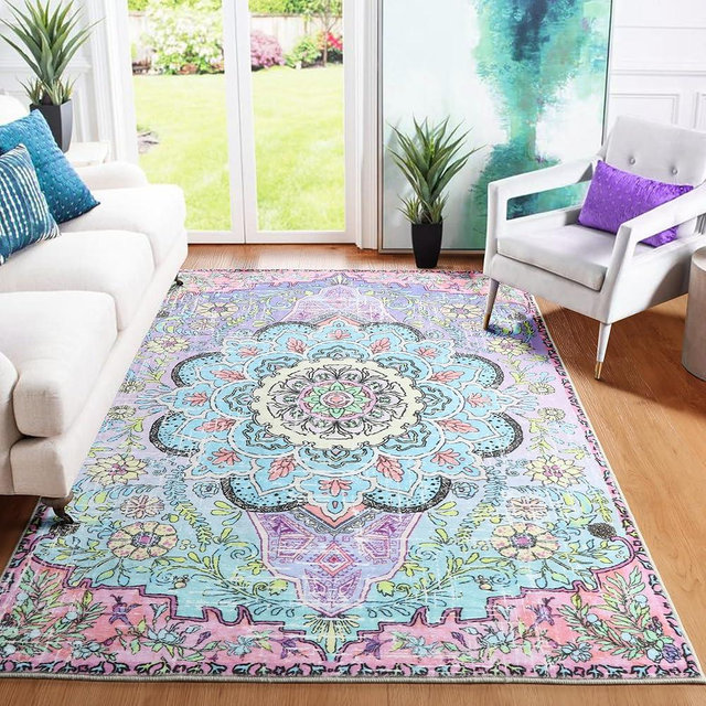 SOFHOM Boho Floral Area Rug, 4x6 Machine Washable Oriental Rugs for Living Room, Non Slip Medallion Distressed Rugs Kitchen Mat Indoor Accent Entry Carpet for Bedroom Dining Room Nursery, Colorful