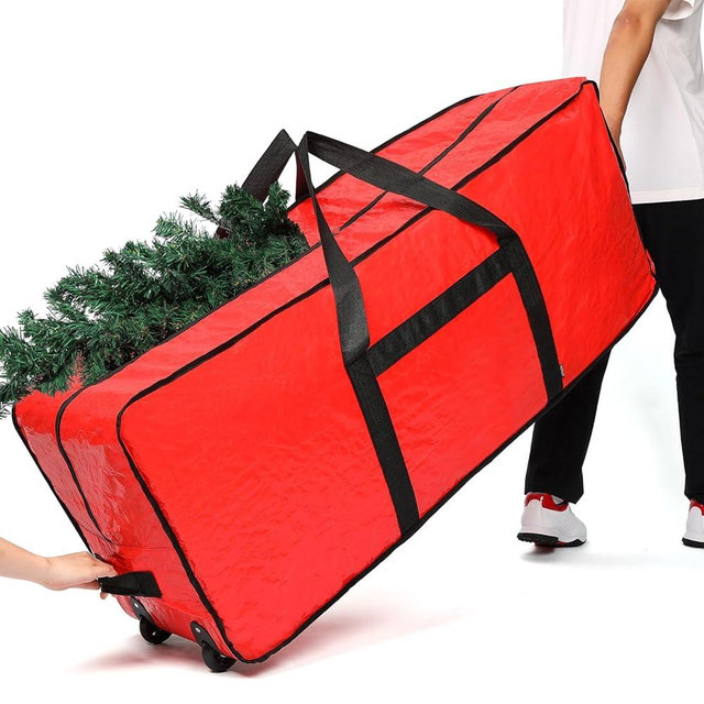 HOMEST Christmas Tree Storage Bag, Fits for 7.5 ft Xmas Artificials, Zippered Box with Reinforced Carrying Handles and Wheels, Red (Container Only)