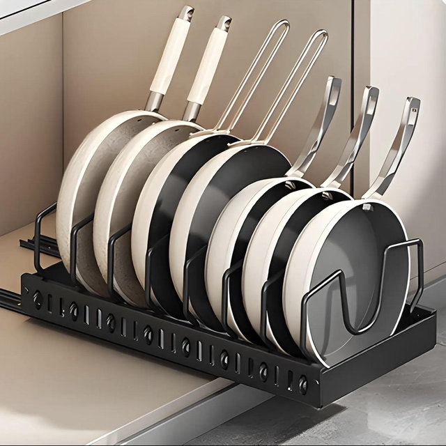 Pull-Out Pot and Pan Storage Organizer for Cabinet Storage and Organization, Adjustable Divider Design
