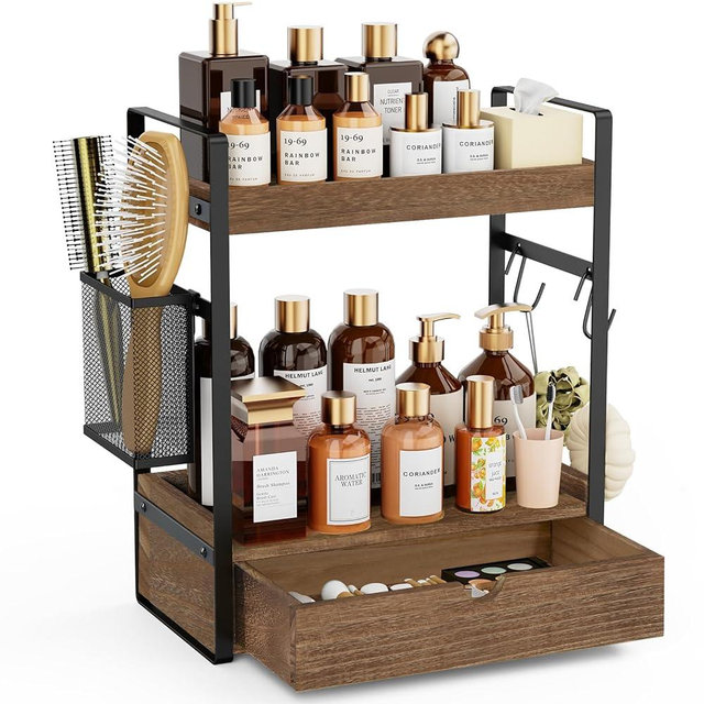 2-Tier Bathroom Counter Organizer with Drawer Basket and Hooks, Wood Bathroom Organizers and Storage for countertop, Farmhouse Dark Brown Countertop Organizer, Counter Shelf for Vanity Kitchen Office