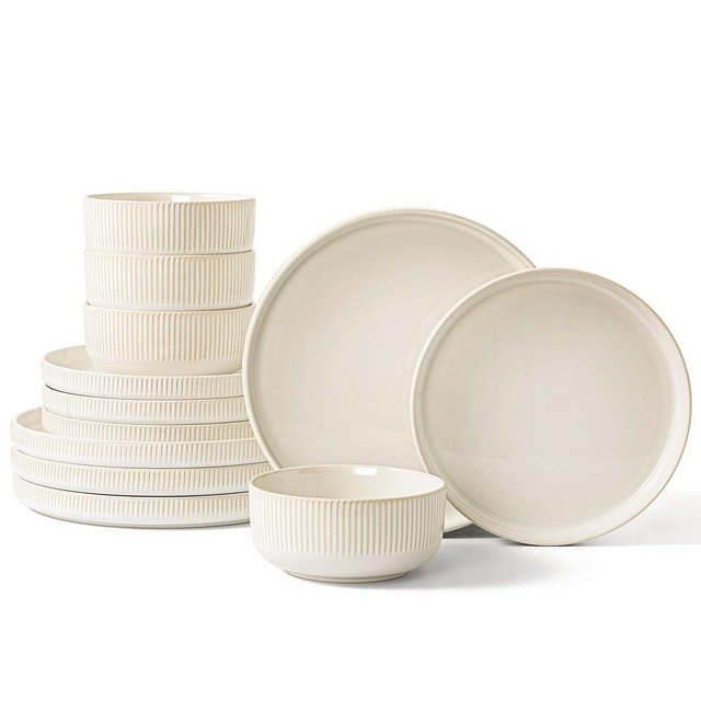 Gocess Dinnerware Sets, 12 Pieces Stoneware Plates and Bowls Set, Reactive Glaze Ceramic Dishes Set Scratch Resistant, Kitchen Dinner Set Dishwasher & Microwave Safe, Service for 4