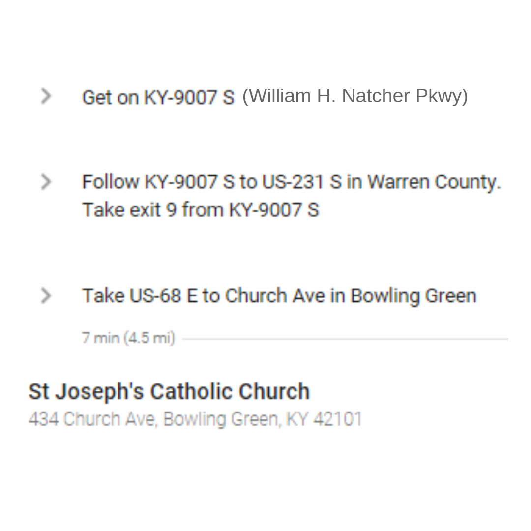 Directions to St. Joseph Church from Natcher Pkwy