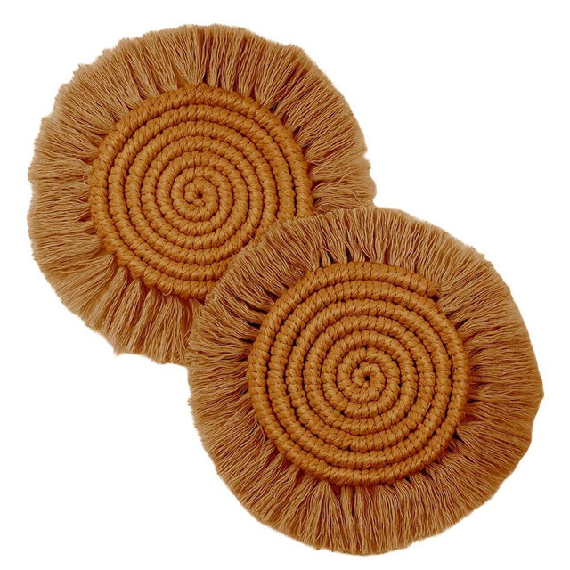 Boho Coasters Set of 2, Cute Drink Coasters Absorbent for Desk, Farmhouse Handmade Woven Macrame Coaster for Mugs Cups - Home Decor Housewarming Gift, Round Toffee