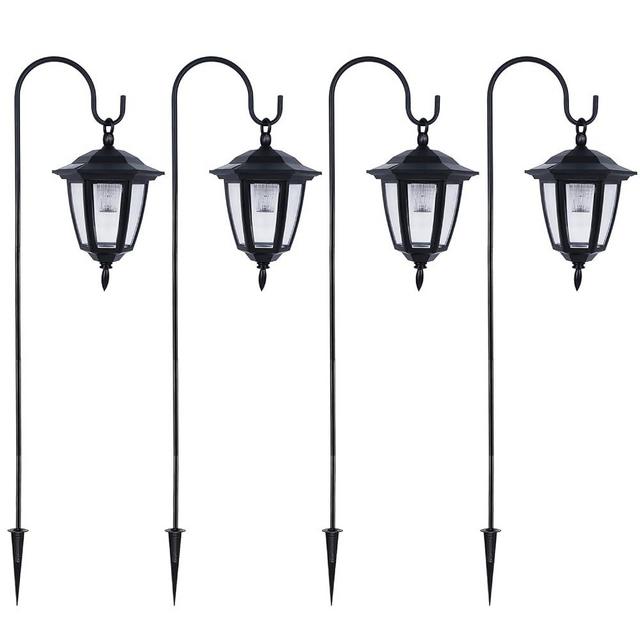Dynaming 4 Pack Solar Hanging Lights Outdoor, Solar Powered Garden Decorative Lanterns with 4 x 34 Inch Shepherd Hooks, Waterproof Landscape Lighting for Lawn Patio Yard Pathway Driveway, Warm White