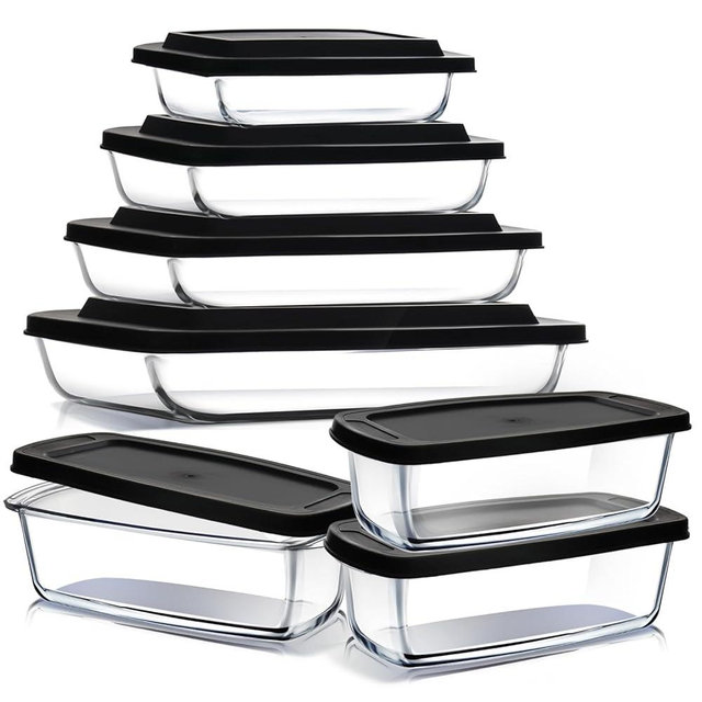 EATEX 7 Pack Glass Food Storage Containers with Lids, Baking Pans Set, Glass Baking Dishes for Oven | 3 Bread Pans for Bread Baking | 4 Casserole Dish Lasagna Pans, Oven Microwave Freezer Safe Black