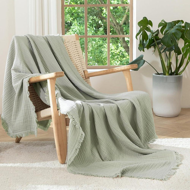 MooMee Muslin Blanket - 100% Cotton 4-Layer Gauze Throw Blanket with All-Around Fringe, Soft Breathable Lightweight Cooling Summer Blankets for Bed Couch(Sage Green,Throw XL 50" x 70")